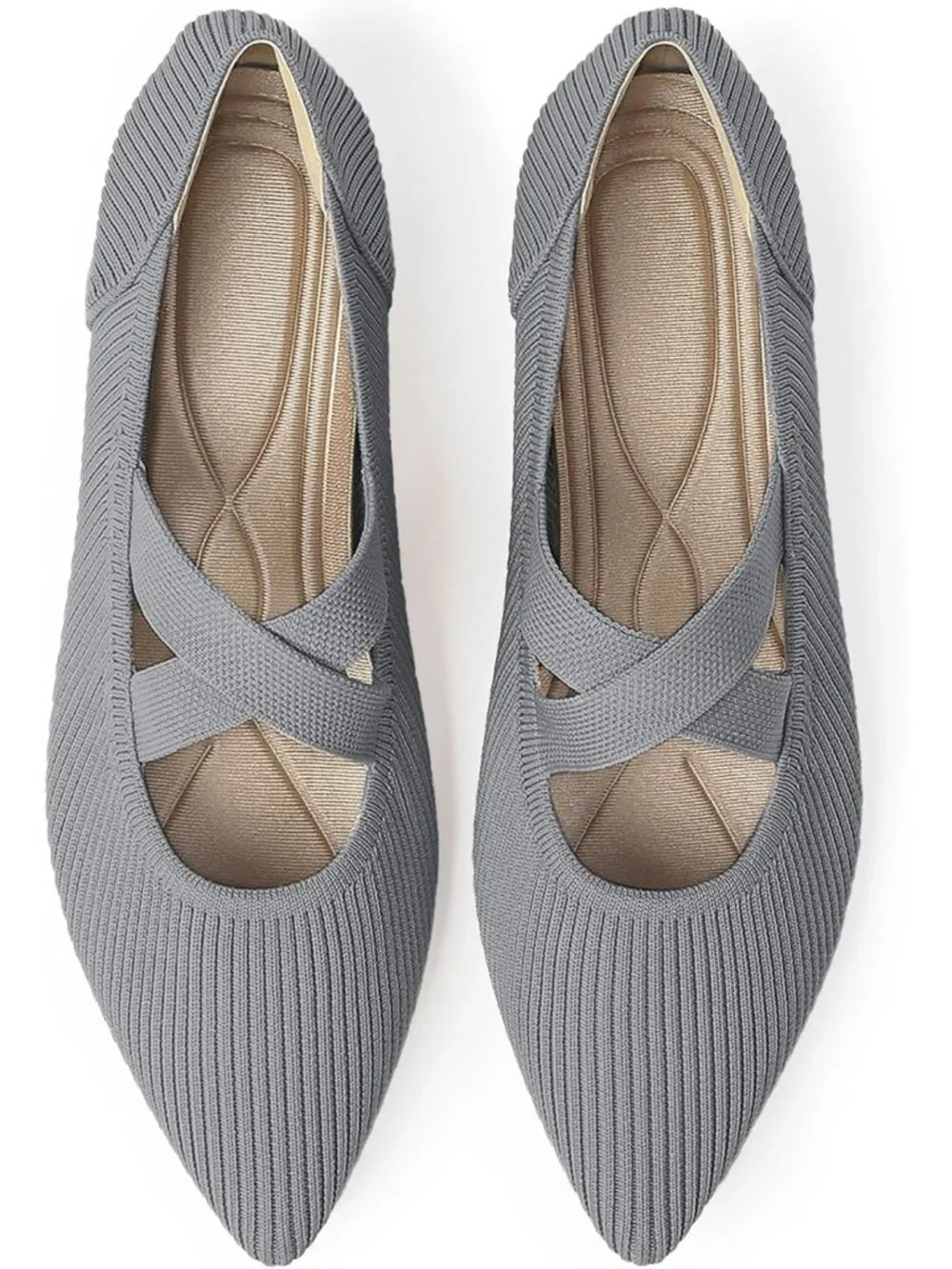 Women's Grey Pointed Toe Comfortable Mary Jane Slip-On Knit Ballet Flat Shoes